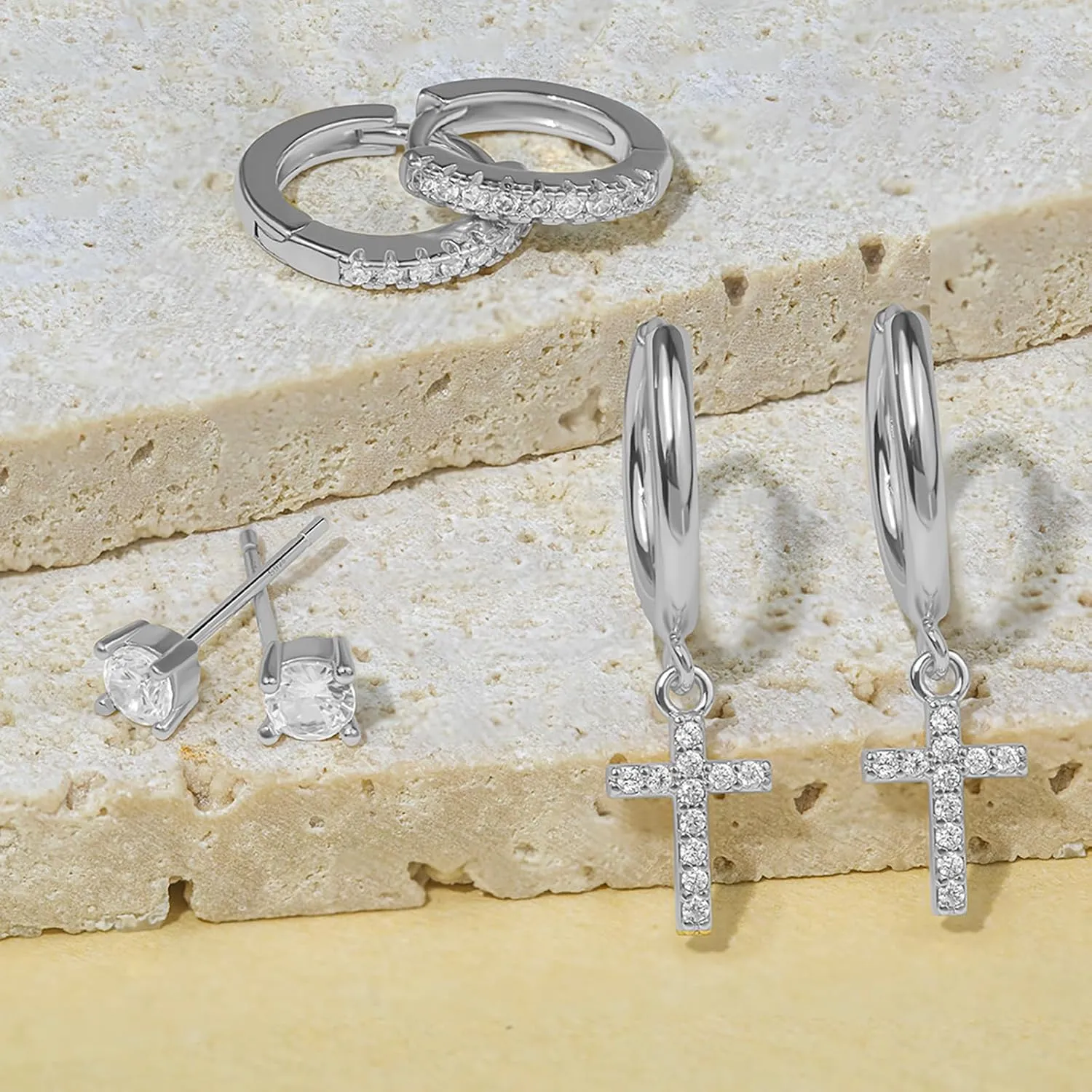 Gold Earring Set for Women Sterling Silver Earring Set for Women Trendy Women CZ Crown Huggie Cross CZ Flower Baguette Hoop U Shape Clover Butterfly Star Moon Rhombus Hoop CZ Leaf Stud Earrings Stacks Jacket for Women