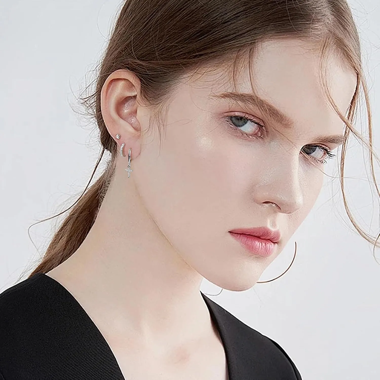 Gold Earring Set for Women Sterling Silver Earring Set for Women Trendy Women CZ Crown Huggie Cross CZ Flower Baguette Hoop U Shape Clover Butterfly Star Moon Rhombus Hoop CZ Leaf Stud Earrings Stacks Jacket for Women