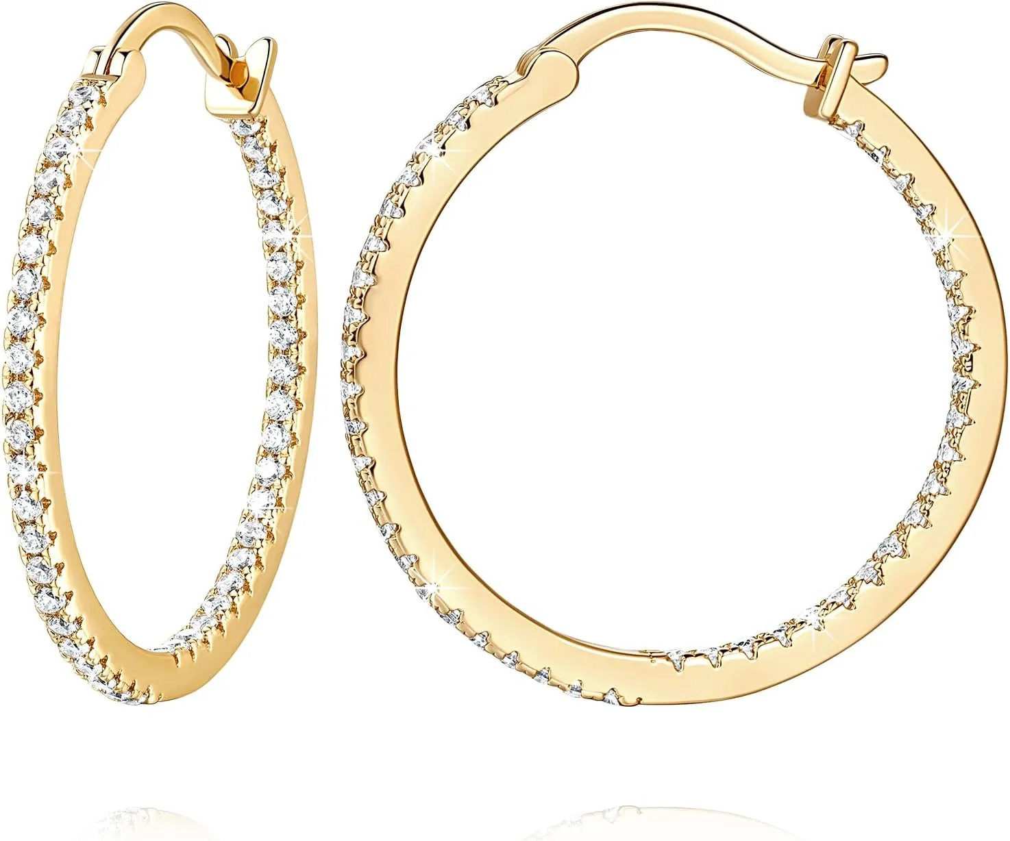 Gold Earrings 14K Gold Hoop Earrings for Women with Dual-sided Cubic Zirconia Hoop Earring for Women Sensitive Ears Hypoallergenic Womens Hoops Earring 15/20/30/35mm