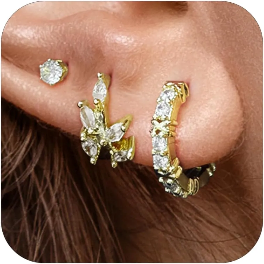 Gold Hoop Earrings Set for Women Trendy Small 14K Gold Plated Hypoallergenic Lightweight Huggie Earrings for Women Chunky Cartilage Leaf Hoops Dainty Cubic Zirconia Stud for Jewelry Gifts