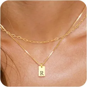 Gold Initial Necklaces for Women Non Tarnish, 14K Gold Plated Dainty Square Letter Pendant Charm Necklace Waterproof A-Z Trendy Thin Chain Name Personalized Jewelry Gifts