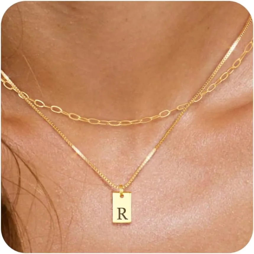 Gold Initial Necklaces for Women Non Tarnish, 14K Gold Plated Dainty Square Letter Pendant Charm Necklace Waterproof A-Z Trendy Thin Chain Name Personalized Jewelry Gifts