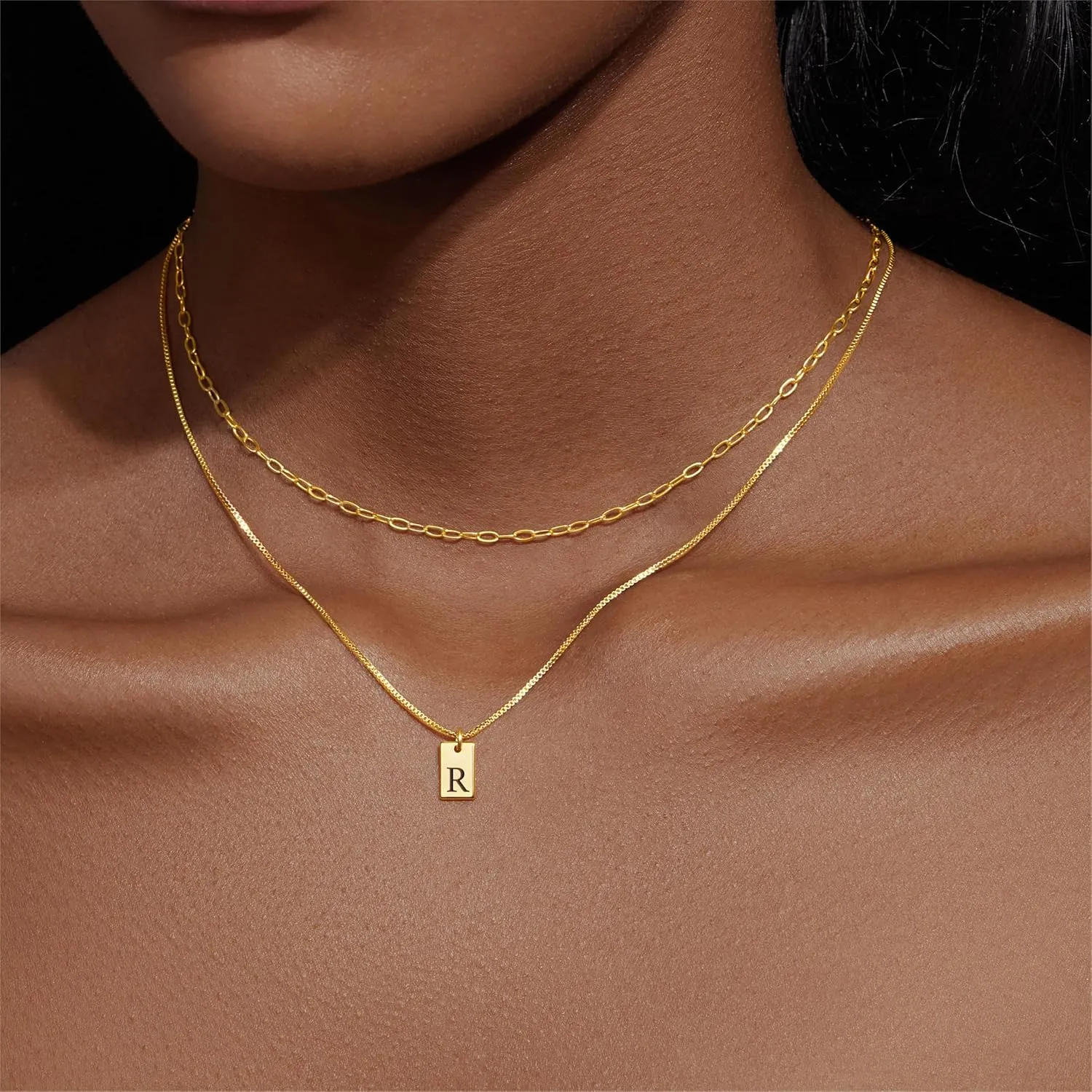 Gold Initial Necklaces for Women Non Tarnish, 14K Gold Plated Dainty Square Letter Pendant Charm Necklace Waterproof A-Z Trendy Thin Chain Name Personalized Jewelry Gifts