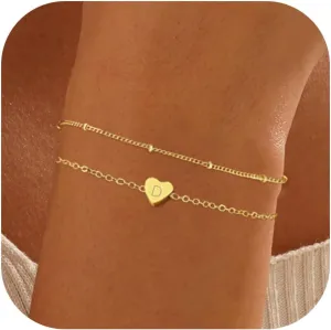 Gold Jewelry for Women - 18K Gold Plated Letter D Initial Bracelet Gold Heart Bracelet Layered Gold Bracelets for Women Bracelets for Teen Girls Sister Mom Gifts for Teen Girls 12-14 14-16 16-18