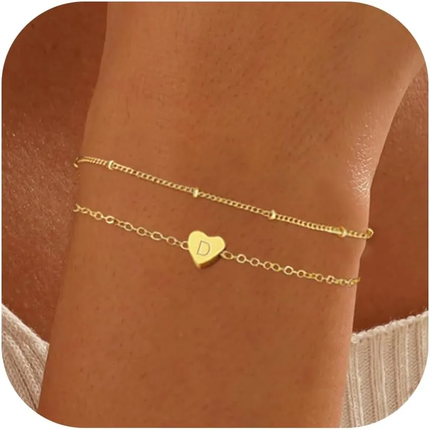 Gold Jewelry for Women - 18K Gold Plated Letter D Initial Bracelet Gold Heart Bracelet Layered Gold Bracelets for Women Bracelets for Teen Girls Sister Mom Gifts for Teen Girls 12-14 14-16 16-18