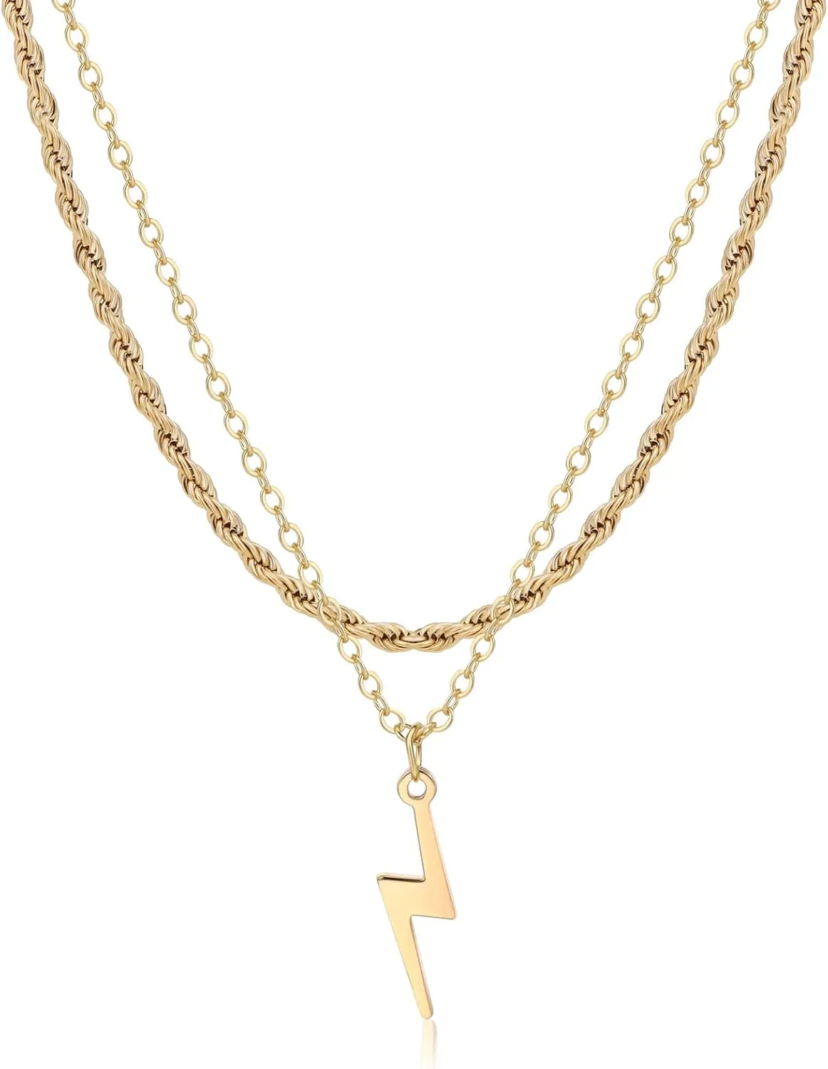 Gold Layered Necklaces for Women, 14K Gold Plated/Silver Dainty Link Chain Paperclip Twist Rope Disc Lightning Satellite Pendant Necklace Adjustable Choker Necklace Jewelry Gifts for Women