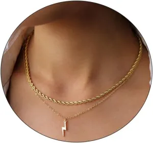 Gold Layered Necklaces for Women, 14K Gold Plated/Silver Dainty Link Chain Paperclip Twist Rope Disc Lightning Satellite Pendant Necklace Adjustable Choker Necklace Jewelry Gifts for Women