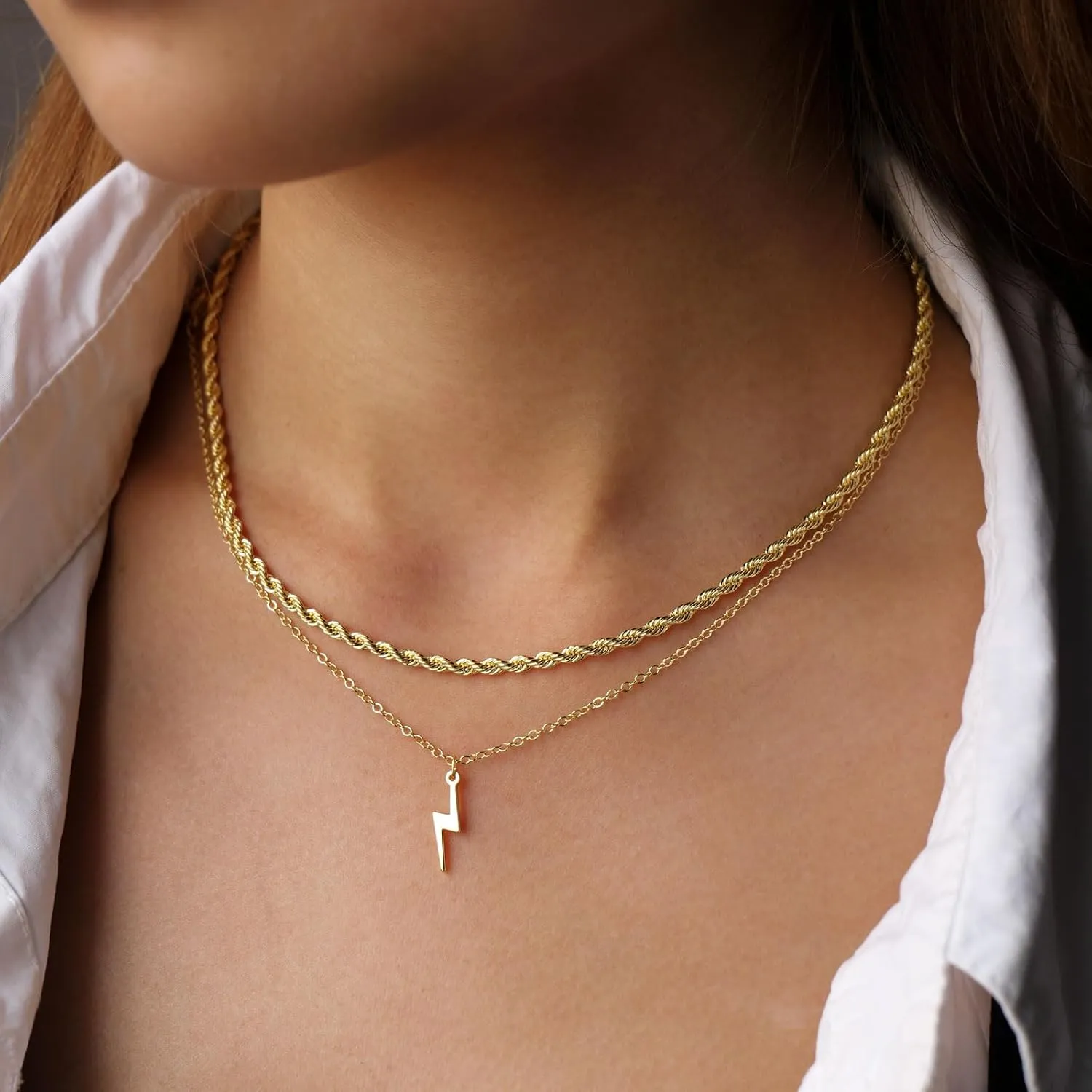 Gold Layered Necklaces for Women, 14K Gold Plated/Silver Dainty Link Chain Paperclip Twist Rope Disc Lightning Satellite Pendant Necklace Adjustable Choker Necklace Jewelry Gifts for Women