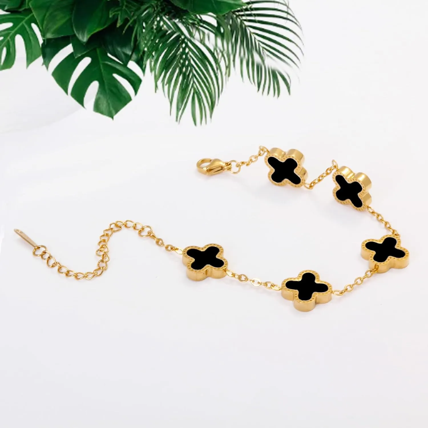 Gold Plated Jewelry Bracelet for Women Non Tarnish Bracelet Leaf Clover Charm Flower Bracelet for Women Trendy