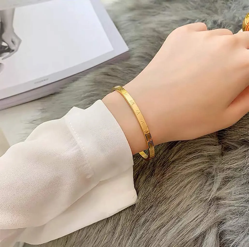 Gold Silver Plated Bracelets for Men Women Roman Numeral Bangle Bracelet Stainless Steel Personalized Engraved Unisex Gift
