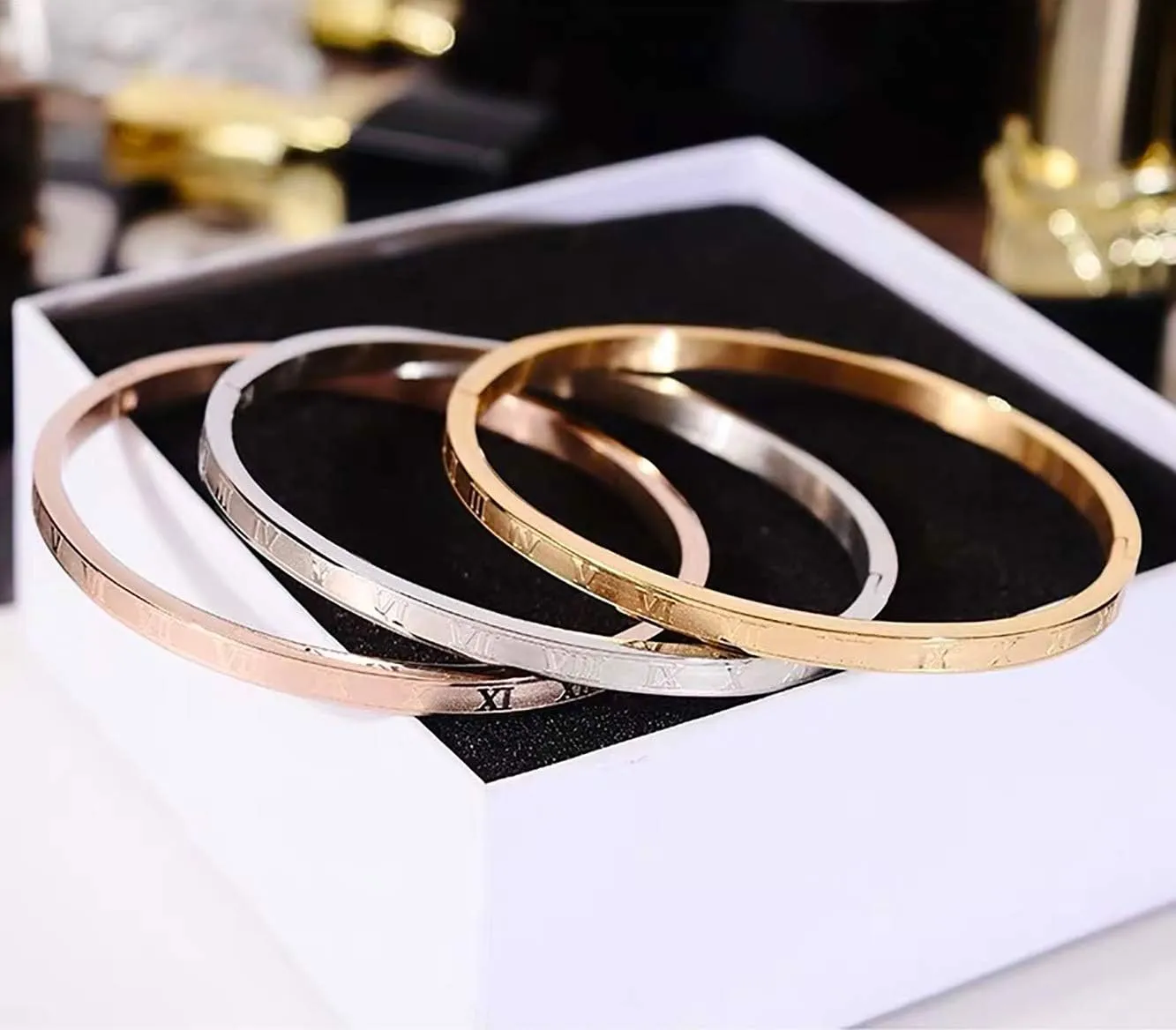 Gold Silver Plated Bracelets for Men Women Roman Numeral Bangle Bracelet Stainless Steel Personalized Engraved Unisex Gift