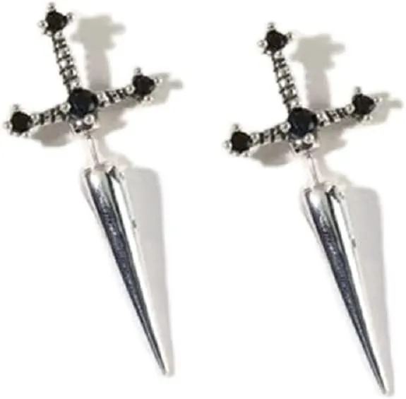 Gothic Unix Cross Sword Earrings Crystal Punk Knives Shape Cool Goth Dagger Screw Back Ear Jacket for Women Men Fake Gauge Illusion Jewelry