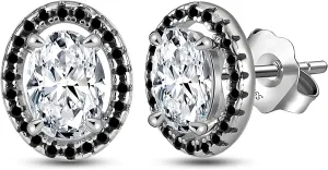 Halo Black Faux Diamond Stud Earrings For Women Oval Cut 14k White Gold Plated Sterling Silver Cubic Zirconia Earring Studs for Her by Ginger Lyne Pierced Hypoallergenic Minimalist Jewelry