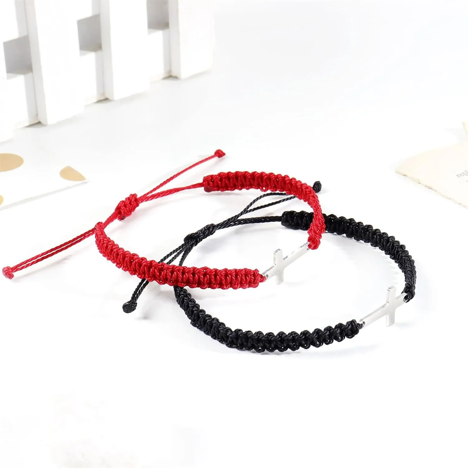 Handmade Cross Braided Protection Bracelet for Women Men Stainless Steel Charm Red Black String Rope Lucky Strand Bracelets for Christian Birthday Christmas Religious Jewelry Gifts