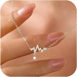 Heartbeat Lifeline Pulse Necklaces for Women 925 Sterling Silver EKG Cute Life Line Heart Charm Pendant Necklace Friendship Love Necklace Jewelry Birthday Gifts for Daughter Friends