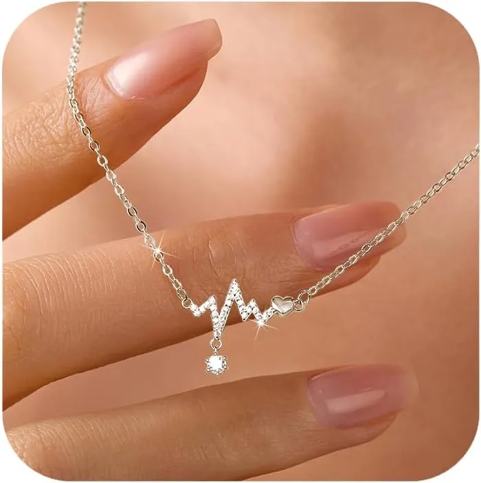 Heartbeat Lifeline Pulse Necklaces for Women 925 Sterling Silver EKG Cute Life Line Heart Charm Pendant Necklace Friendship Love Necklace Jewelry Birthday Gifts for Daughter Friends