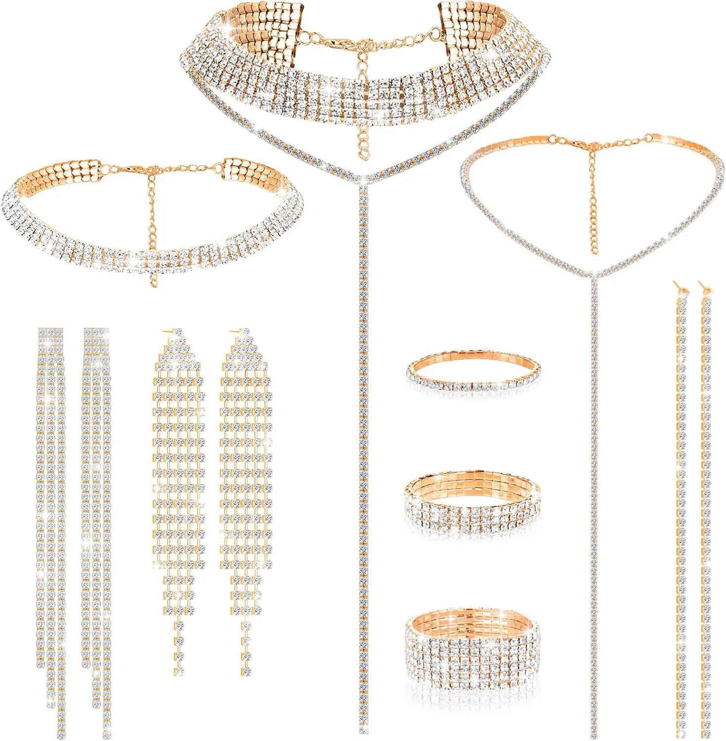 Hicarer 3 Sets Rhinestone Jewelry Set for Women Including Rhinestone Choker Necklace Bracelet Bangle and Earrings for Girl Wedding Birthday Party Accessories