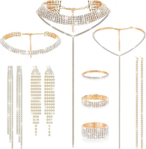 Hicarer 3 Sets Rhinestone Jewelry Set for Women Including Rhinestone Choker Necklace Bracelet Bangle and Earrings for Girl Wedding Birthday Party Accessories