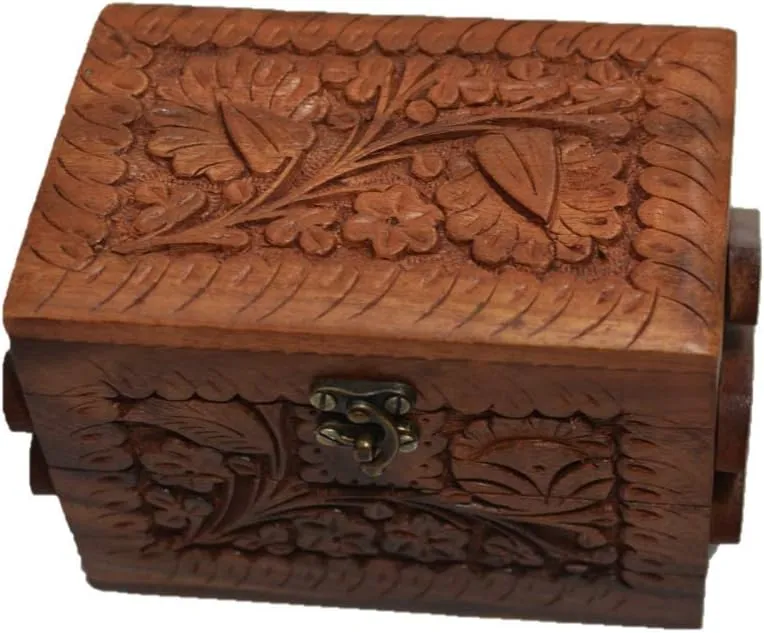 Holiday Gift Ideas, Handcrafted Jewelry Tabletop Box for Earrings, Rings, Necklaces Keepsake Jewelry Box Trinket Holder Floral Hand Carvings (Medium 3 Compartment) 6x4x4