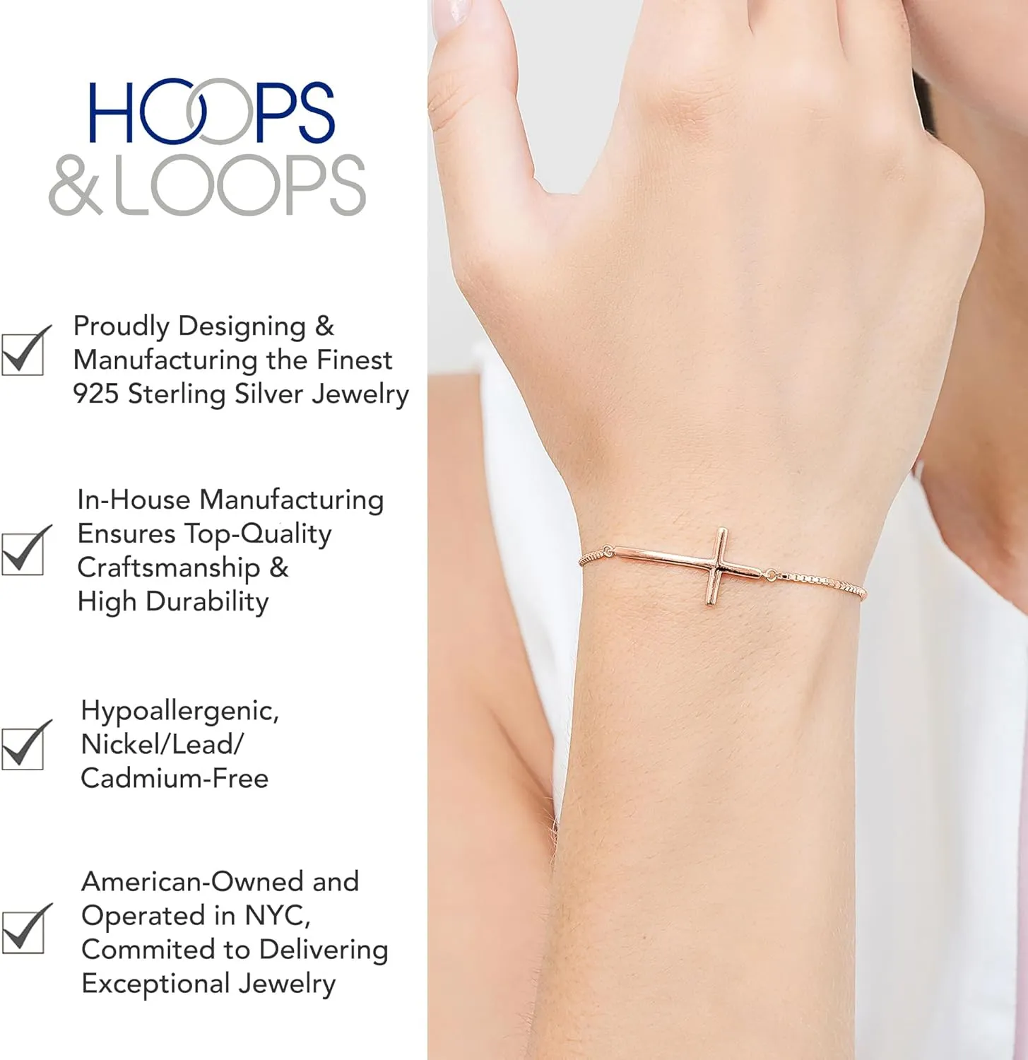 Hoops & Loops 925 Sterling Silver Sideways Cross Pullstring Adjustable Bracelets for Women & Men, Fashion Minimal Religious Christian Cross Jewelry