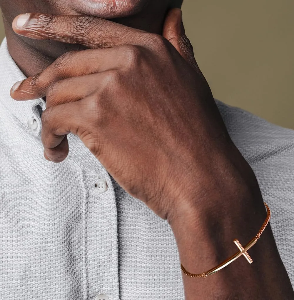 Hoops & Loops 925 Sterling Silver Sideways Cross Pullstring Adjustable Bracelets for Women & Men, Fashion Minimal Religious Christian Cross Jewelry
