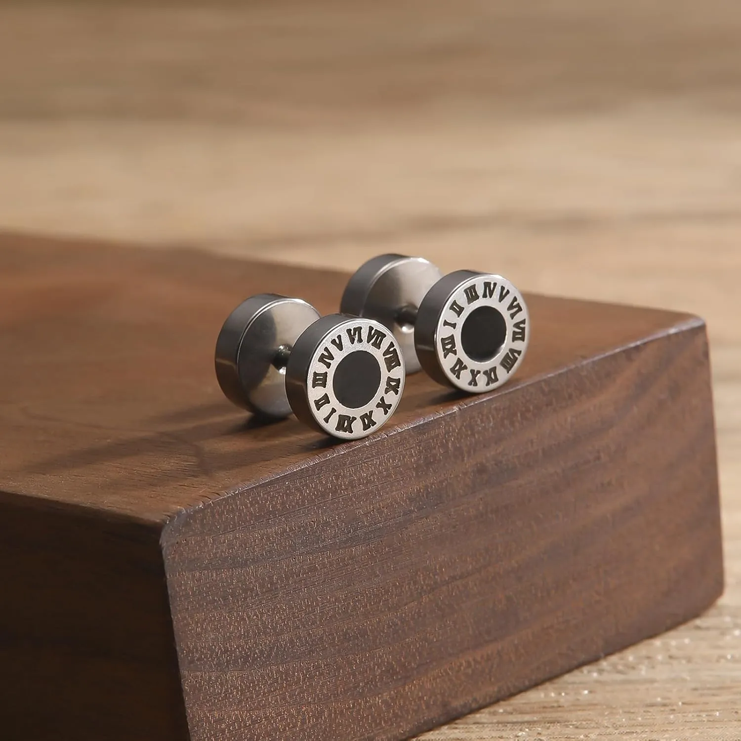 Hypoallergenic earrings for men,Mens surgical steel black stud earring jewelry,Great Wall wall grain round cake shape,Single black gel 0.4 inches wide