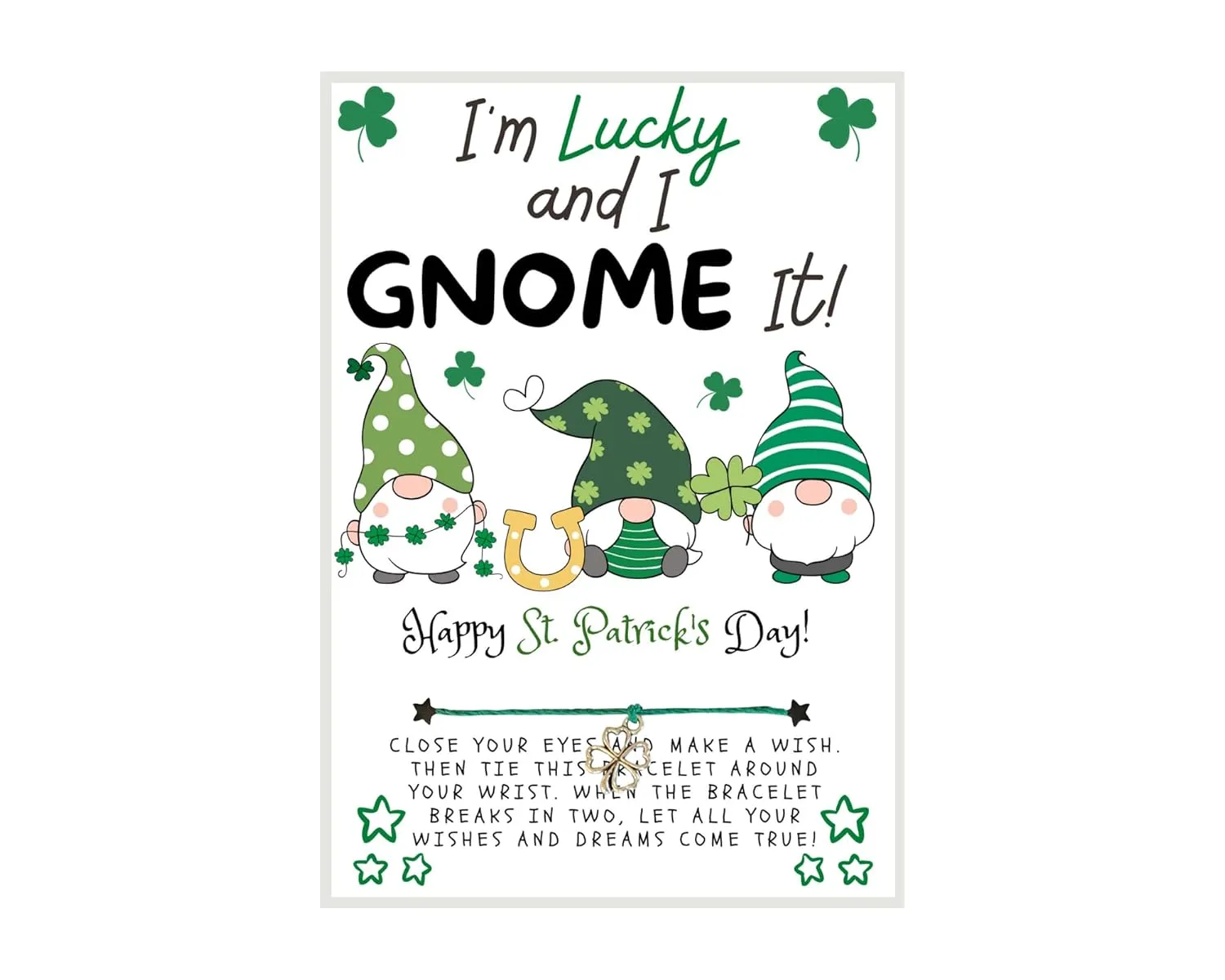 I'm Luck and I GNOME it! St. Patrick's Day Wish, Wish Bracelet, Holiday Party Favor, Thank You, St. Patrick's Day WIsh Bracelet, Co-Worker Gift, Friendship Wish Bracelet