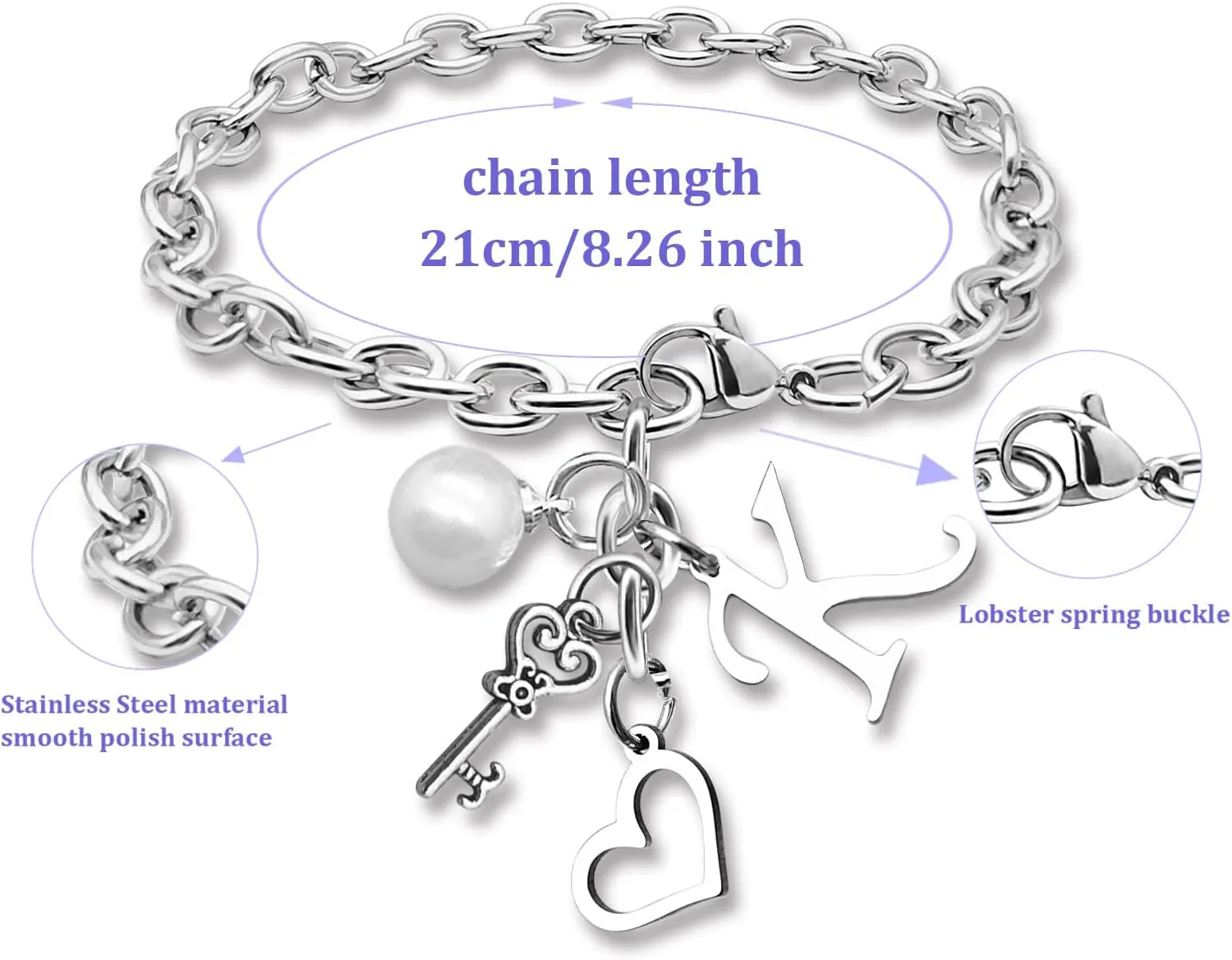 Initial A-Z Bracelets Gift for Women Girls Stainless Steel Chain Bracelet 26 Alphabet Jewelry Gifts for Birthday Anniversary Letter Bracelet Monogram Gifts for Sister Friend Girlfriends Mom 8.26 Inch