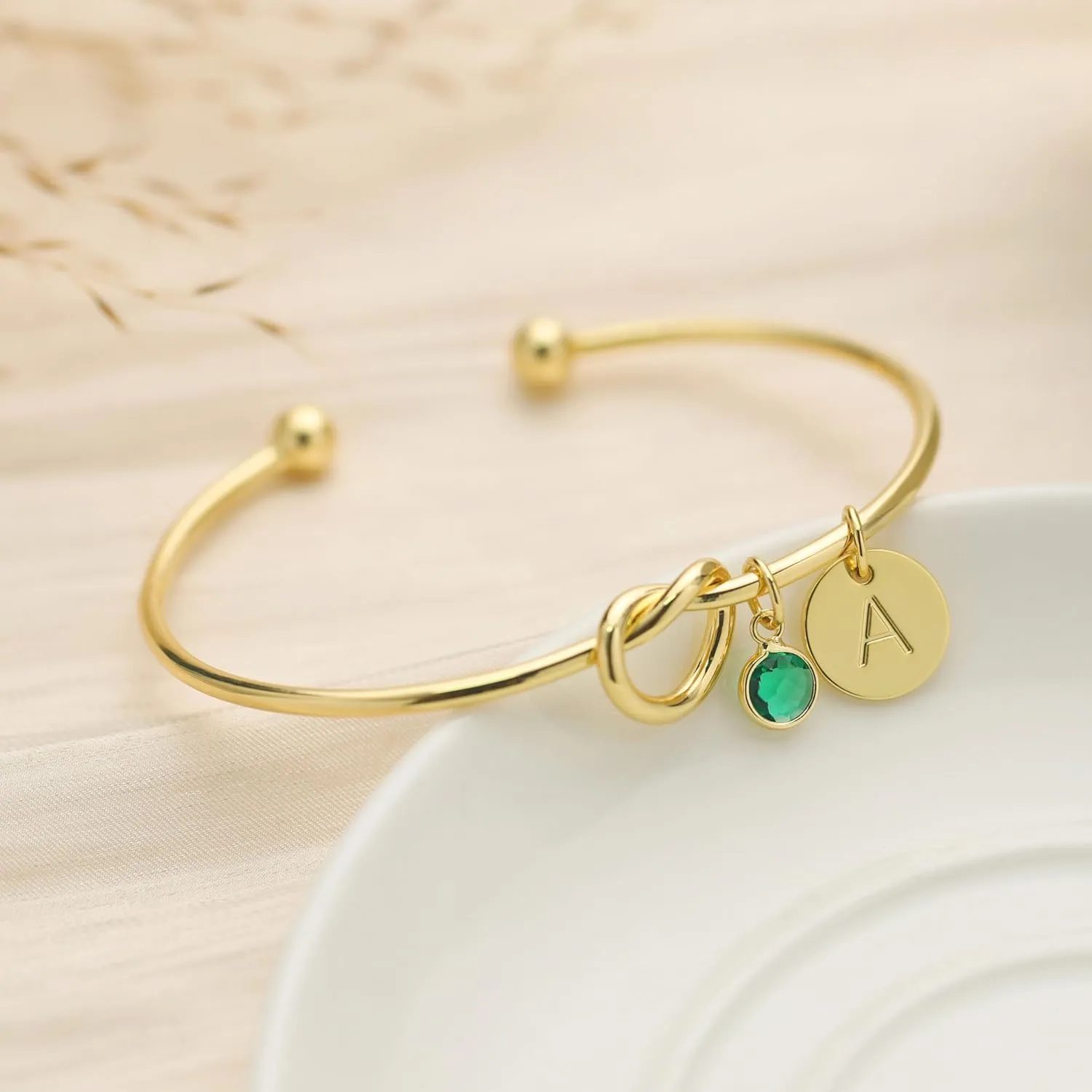 Initial Birthstone Gold Bracelets for Women Bridesmaid Proposal Gift Tie the Love Knot Cuff Bangle Bracelet 14K Gold Plated Adjustable Birthstone Bracelets Personalized A-Z Initial Charm Birthday Gift