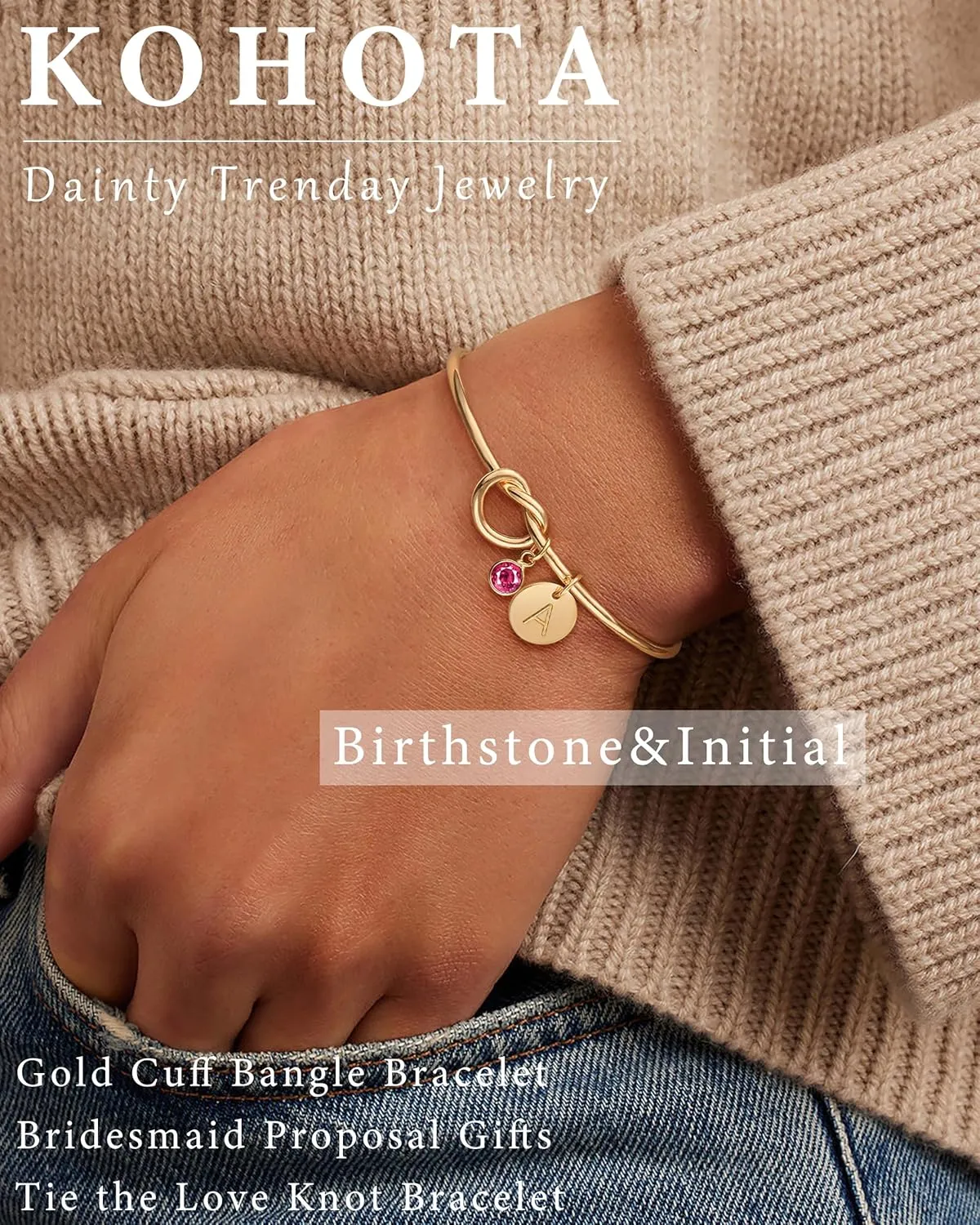Initial Birthstone Gold Bracelets for Women Bridesmaid Proposal Gift Tie the Love Knot Cuff Bangle Bracelet 14K Gold Plated Adjustable Birthstone Bracelets Personalized A-Z Initial Charm Birthday Gift