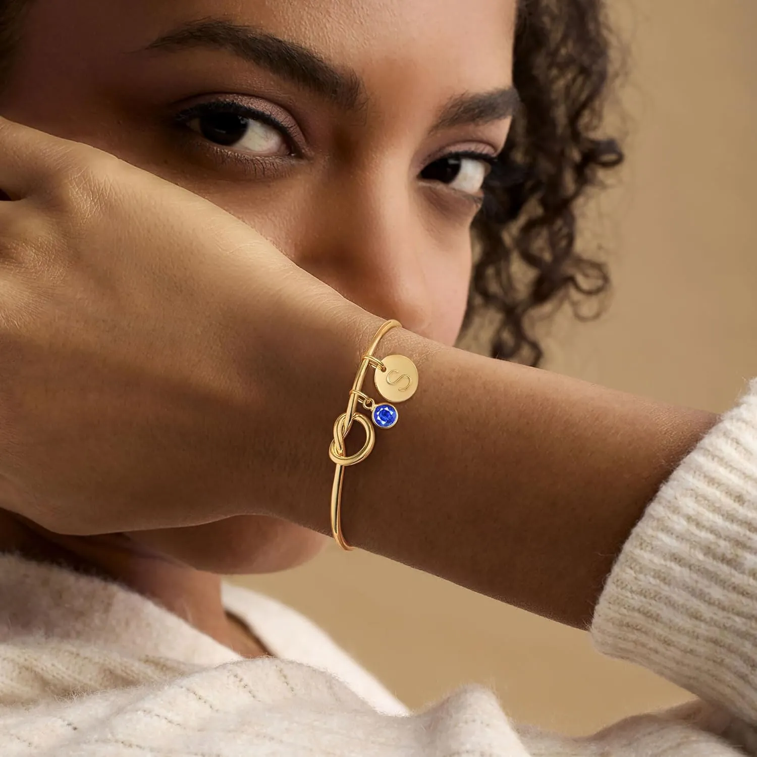 Initial Birthstone Gold Bracelets for Women Bridesmaid Proposal Gift Tie the Love Knot Cuff Bangle Bracelet 14K Gold Plated Adjustable Birthstone Bracelets Personalized A-Z Initial Charm Birthday Gift