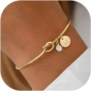 Initial Birthstone Gold Bracelets for Women Bridesmaid Proposal Gift Tie the Love Knot Cuff Bangle Bracelet 14K Gold Plated Adjustable Birthstone Bracelets Personalized A-Z Initial Charm Birthday Gift