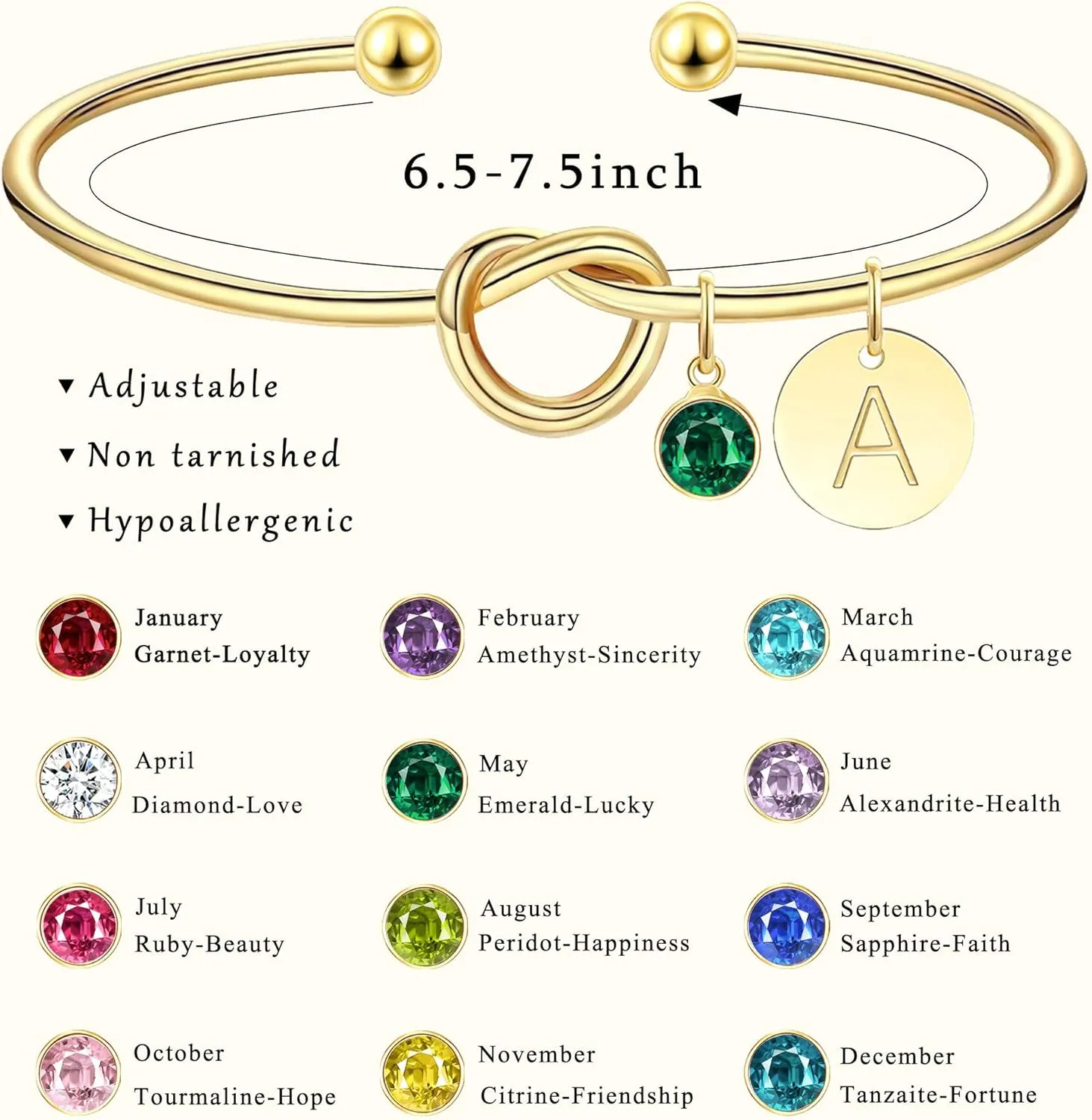 Initial Birthstone Gold Bracelets for Women Bridesmaid Proposal Gift Tie the Love Knot Cuff Bangle Bracelet 14K Gold Plated Adjustable Birthstone Bracelets Personalized A-Z Initial Charm Birthday Gift