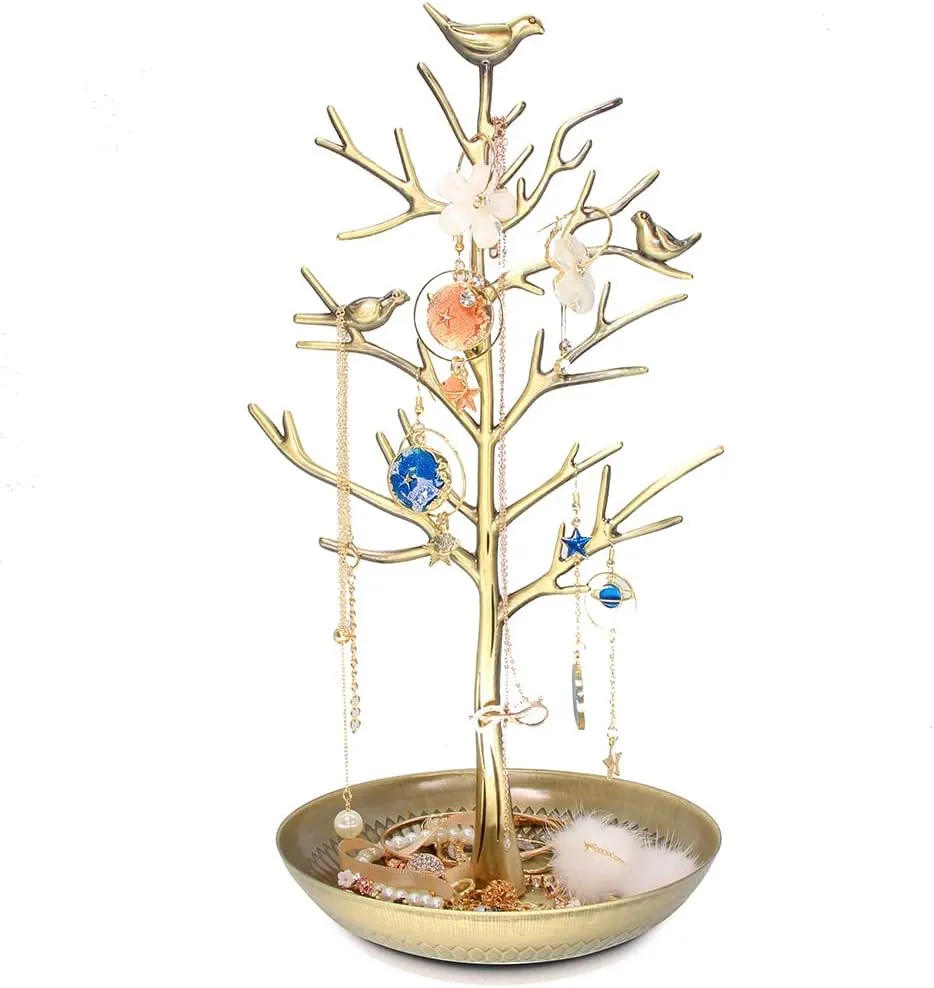 INVIKTUS Silver Birds Tree Jewelry Stand Display Earring Necklace Holder Organizer Rack Tower