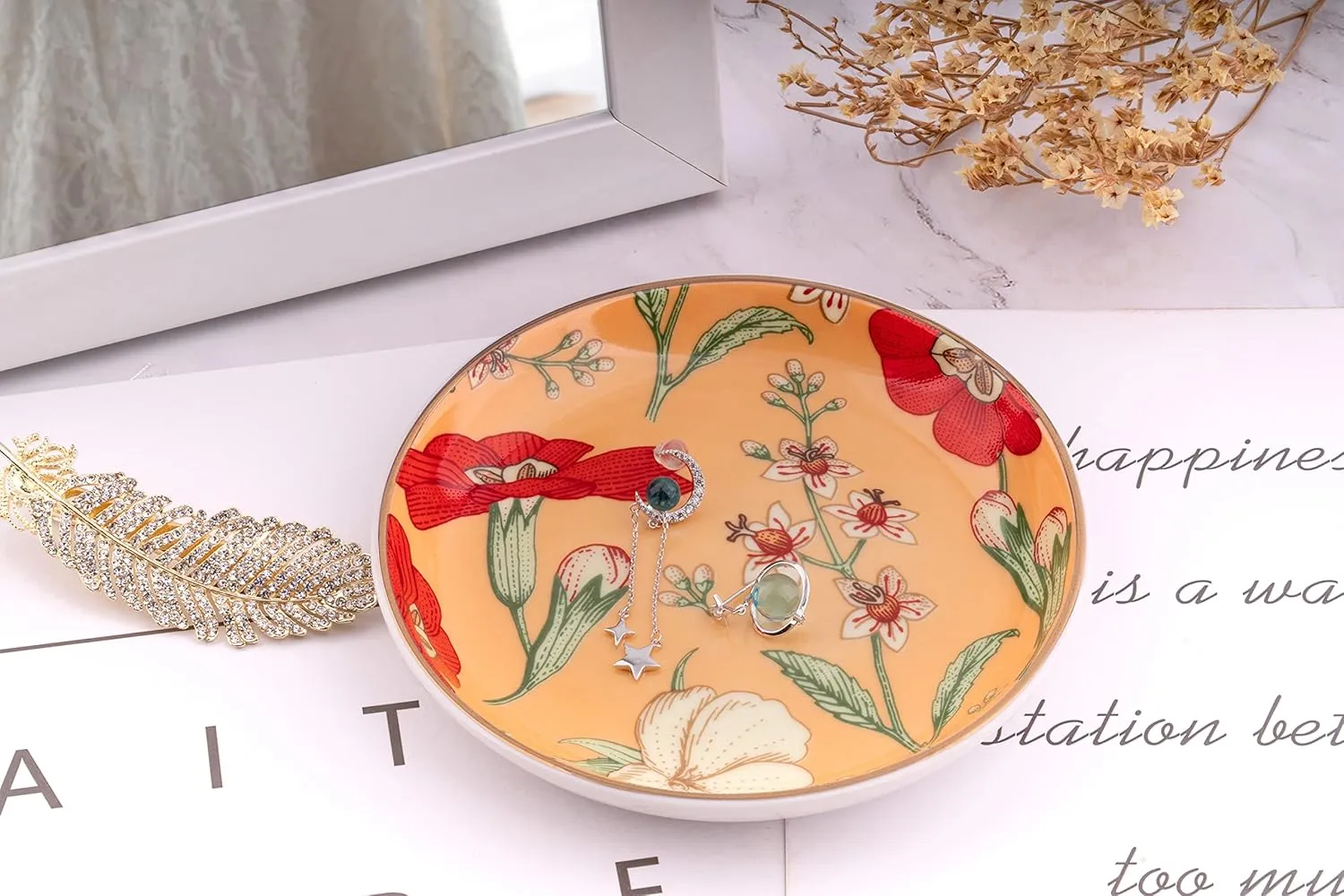 Jewelry Ring Dish Tray Boho Ceramic Decorative Trinket Dish Organizer for Rings Earrings Necklaces Bracelet Watch Keys Plate Small Round Ring Holder Gift for Women Engagement