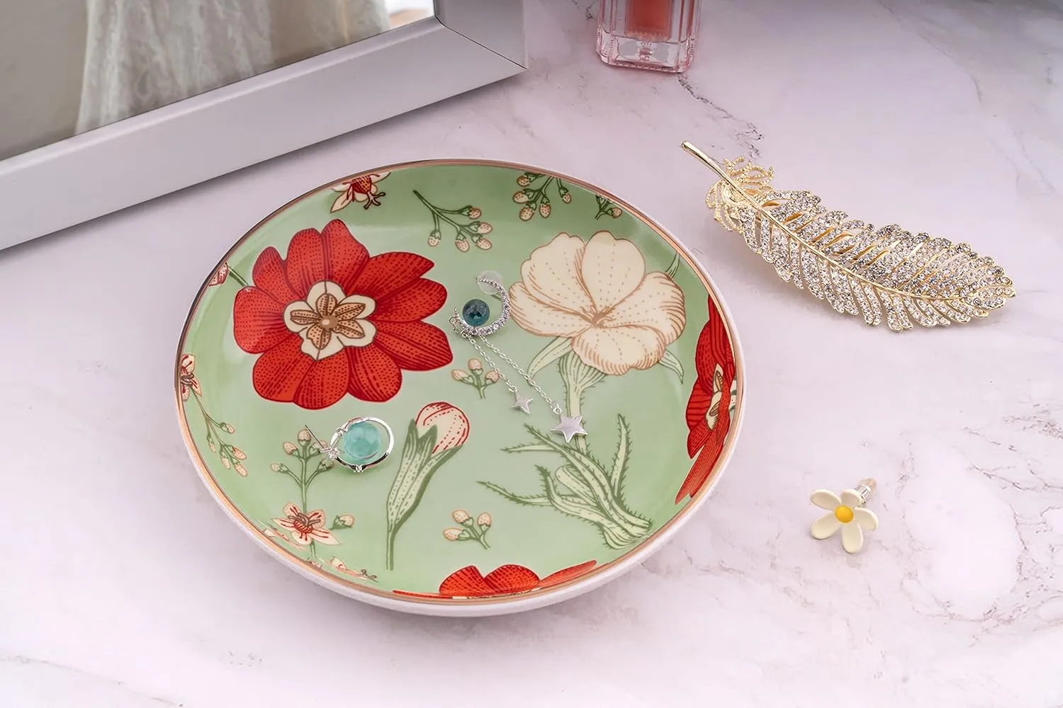 Jewelry Ring Dish Tray Boho Ceramic Decorative Trinket Dish Organizer for Rings Earrings Necklaces Bracelet Watch Keys Plate Small Round Ring Holder Gift for Women Engagement