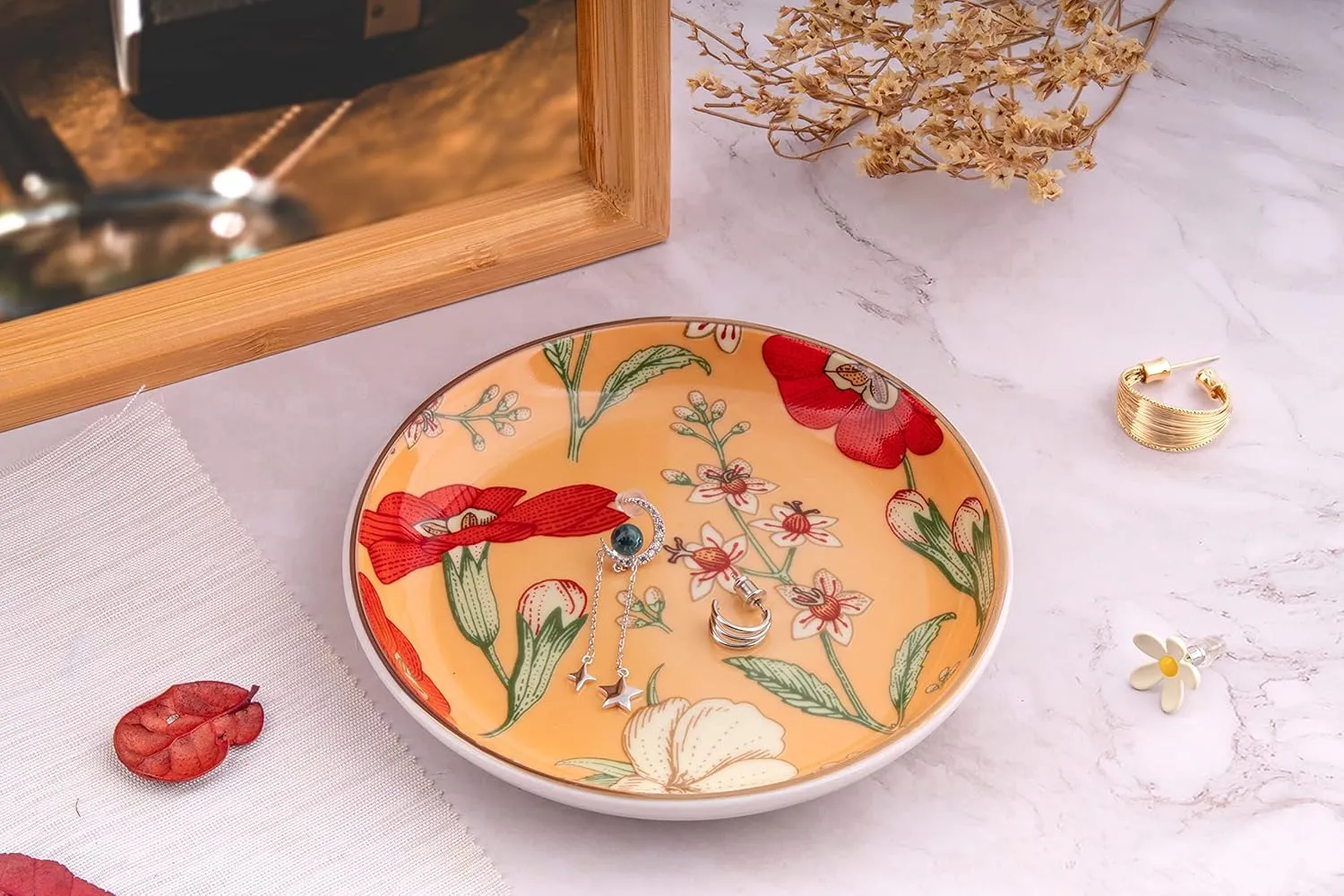 Jewelry Ring Dish Tray Boho Ceramic Decorative Trinket Dish Organizer for Rings Earrings Necklaces Bracelet Watch Keys Plate Small Round Ring Holder Gift for Women Engagement