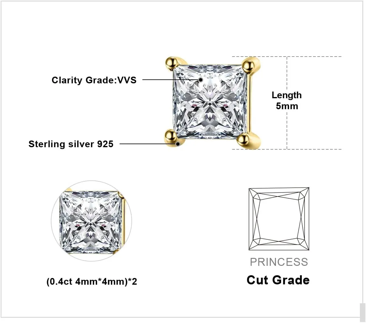 JewelryPalace Princess Cut 0.8ct Moissanite Solitaire Stud Earrings for Women, Square Shape 925 Sterling Silver 14k Gold Plated Earrings for Her, Simulated Diamond Earrings VVS D-F