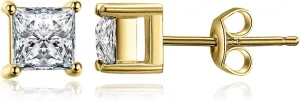 JewelryPalace Princess Cut 0.8ct Moissanite Solitaire Stud Earrings for Women, Square Shape 925 Sterling Silver 14k Gold Plated Earrings for Her, Simulated Diamond Earrings VVS D-F