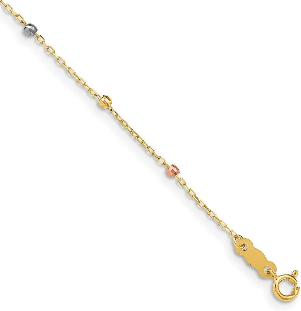 JewelryWeb 14k Polished Spring-Ring Tri Colored Gold Sparkle Cut Beaded Religious Faith Cross With 1 In Ext Bracelet 7 Inch 3mm Wide Link-Bracelet for Women