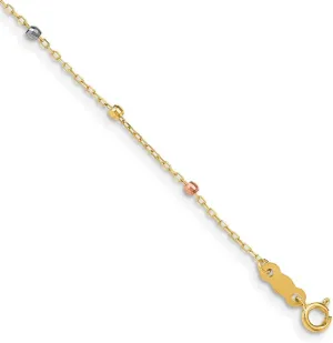 JewelryWeb 14k Polished Spring-Ring Tri Colored Gold Sparkle Cut Beaded Religious Faith Cross With 1 In Ext Bracelet 7 Inch 3mm Wide Link-Bracelet for Women