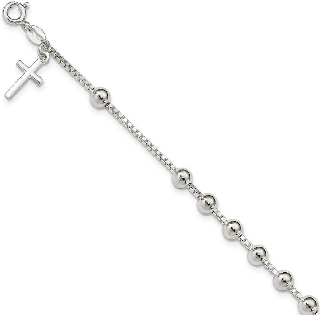 JewelryWeb 925 Sterling Silver Religious Faith Cross Bead Bracelet 7.25 Inch Spring-Ring 9mm Wide Link-Bracelet for Women