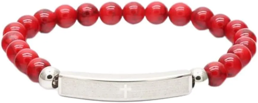 JewelryWeb Stainless Steel Unisex Lords Prayer Religious ID Red Beaded Bracelet Identification-Bracelet for Women