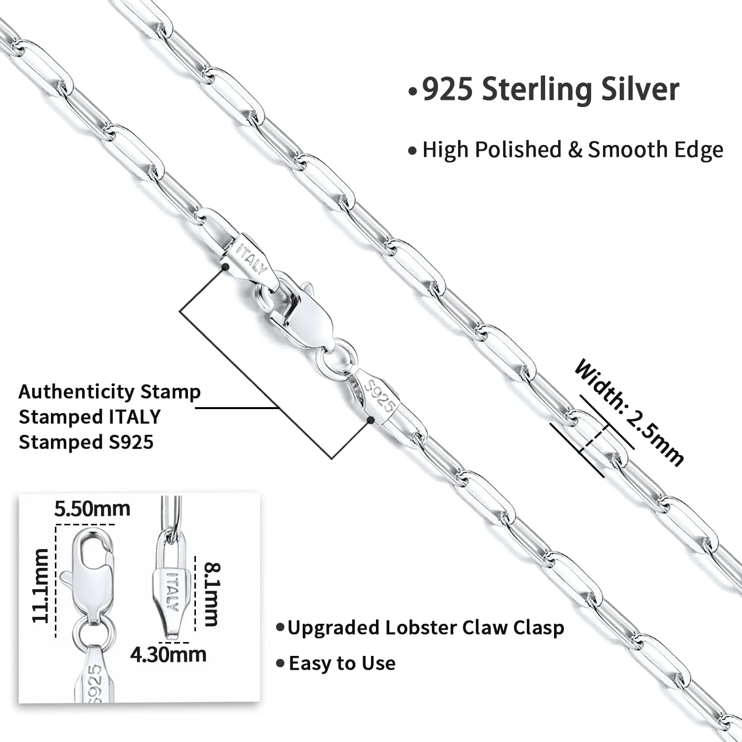 Jewlpire Italian Soild 14K Real Gold Over 925 Sterling Silver Paperclip Chain Necklace for Women, Hypoallergenic & Comfortable Women's Chain Necklaces 16/18/20/22/24/26 Inch