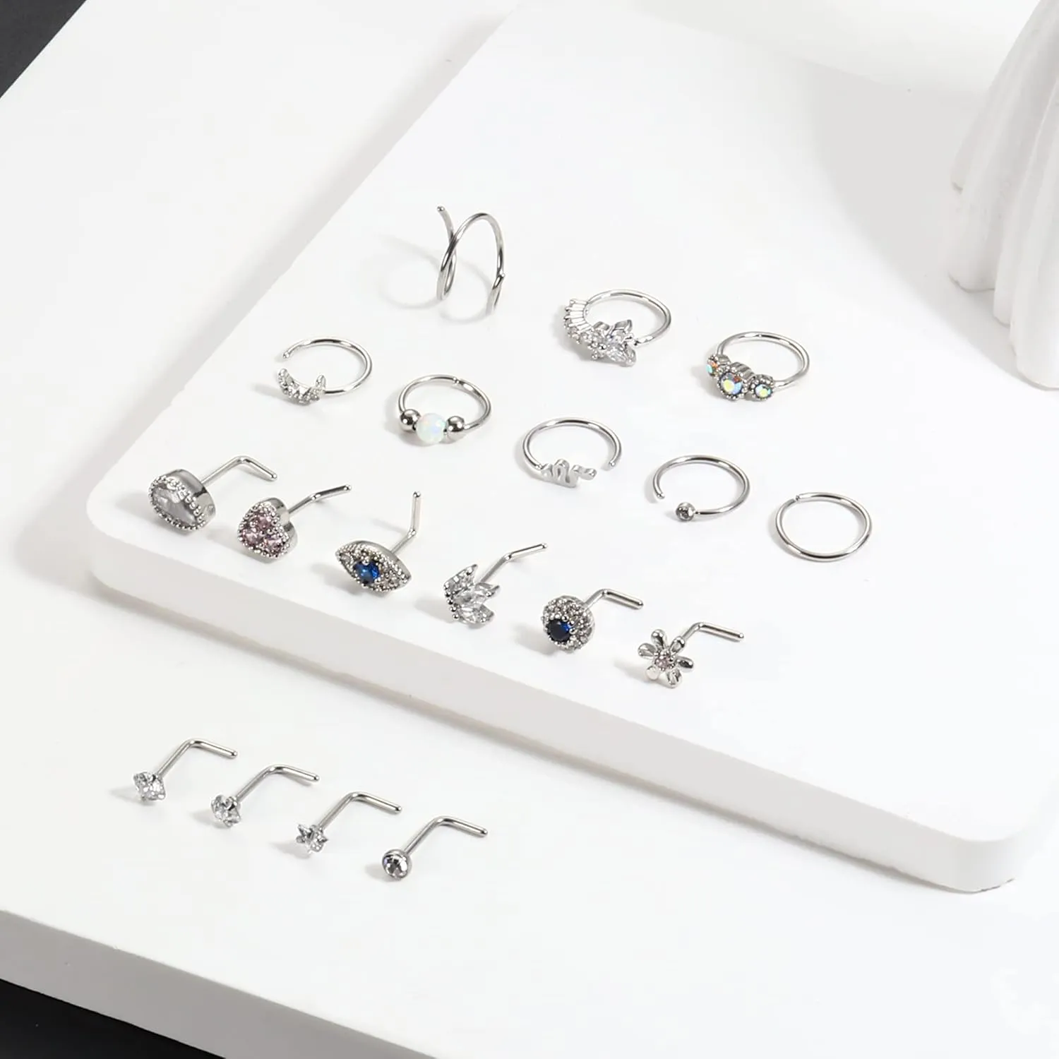 JOERICA 18 Pcs 20G Nose Rings Studs 316L Stainless Steel Nose Rings Hoop for Women Cute Evil Eye Heart Butterfly Opal CZ Nose Piercing Jewelry L Shaped Nose Ring Stud Set