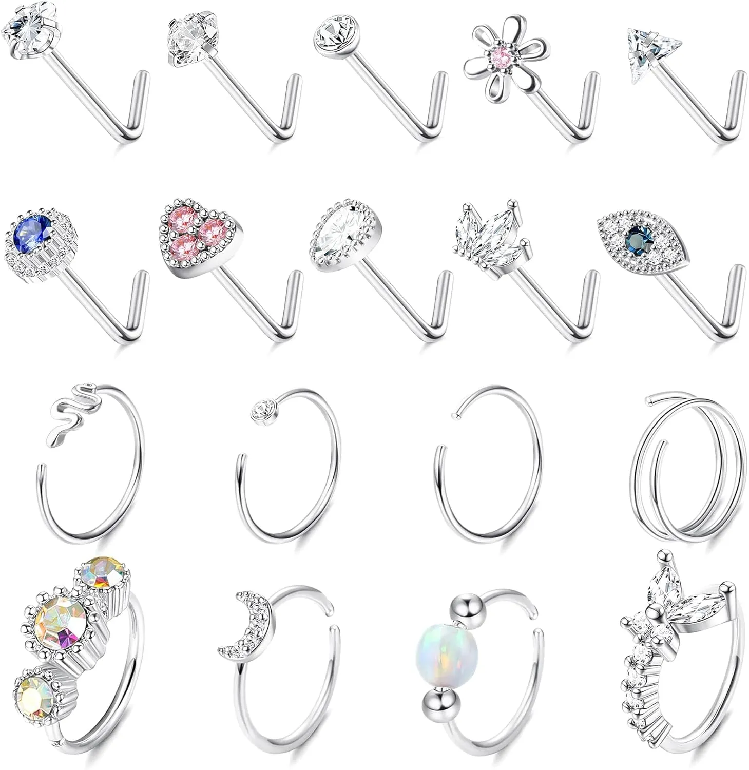 JOERICA 18 Pcs 20G Nose Rings Studs 316L Stainless Steel Nose Rings Hoop for Women Cute Evil Eye Heart Butterfly Opal CZ Nose Piercing Jewelry L Shaped Nose Ring Stud Set