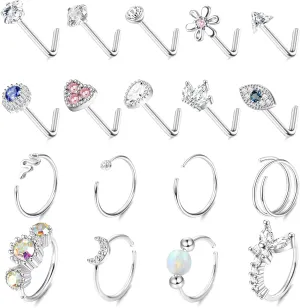 JOERICA 18 Pcs 20G Nose Rings Studs 316L Stainless Steel Nose Rings Hoop for Women Cute Evil Eye Heart Butterfly Opal CZ Nose Piercing Jewelry L Shaped Nose Ring Stud Set