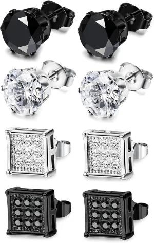 JOERICA 4 Pairs Stainless Steel Stud Earrings for Men Women Silver Black Square Earrings Set Mens Earrings Inlaid Cubic Zirconia 6-10MM