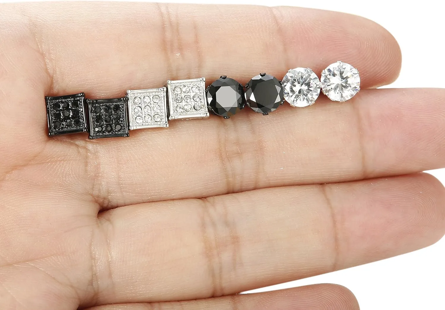 JOERICA 4 Pairs Stainless Steel Stud Earrings for Men Women Silver Black Square Earrings Set Mens Earrings Inlaid Cubic Zirconia 6-10MM