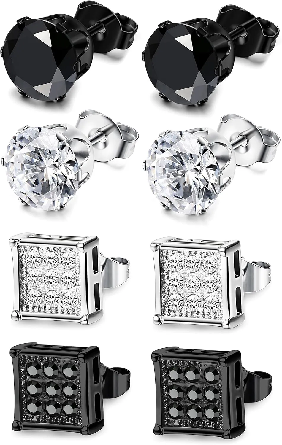 JOERICA 4 Pairs Stainless Steel Stud Earrings for Men Women Silver Black Square Earrings Set Mens Earrings Inlaid Cubic Zirconia 6-10MM
